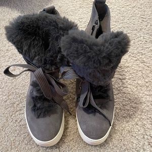 JSlides NYC Suede Fur Lined Sneaker Wedges